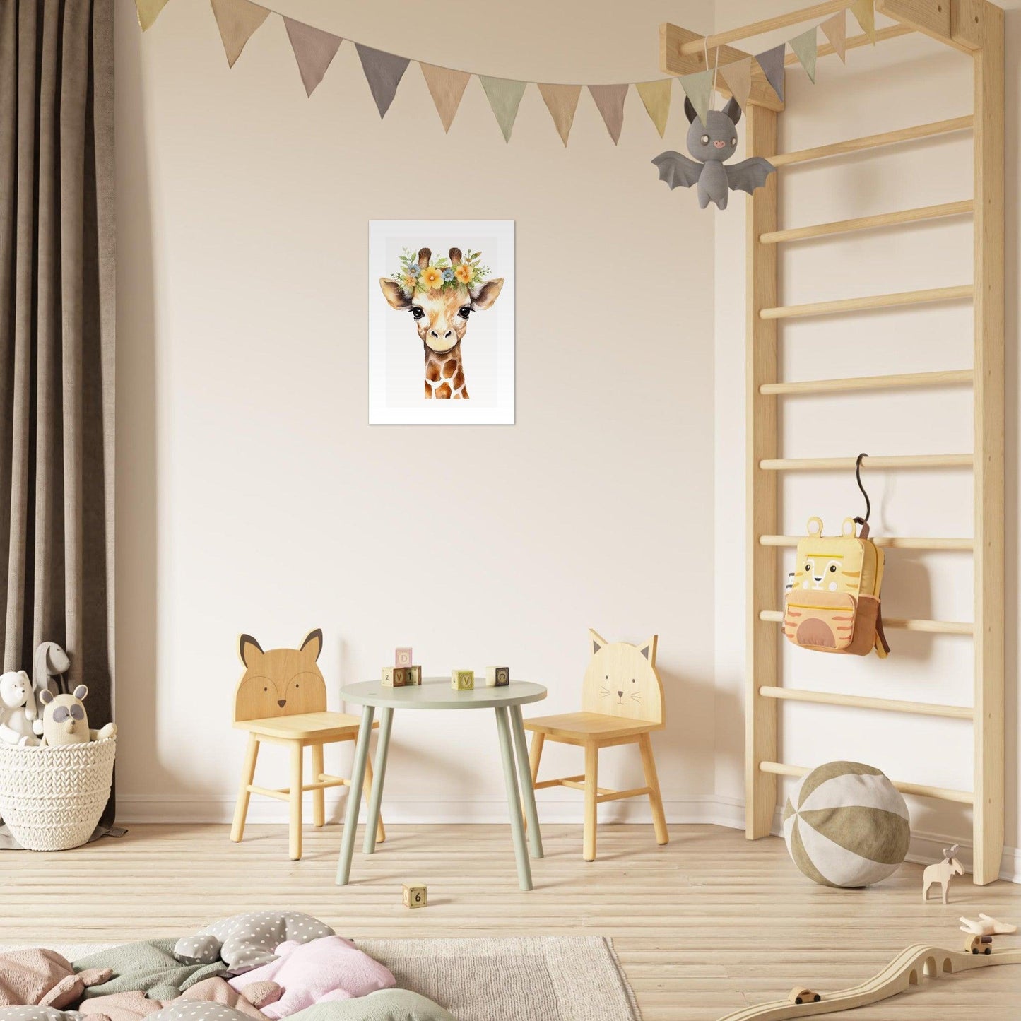 Affiche GIRAFE avec couronne de fleurs décoration chambre enfant bébé