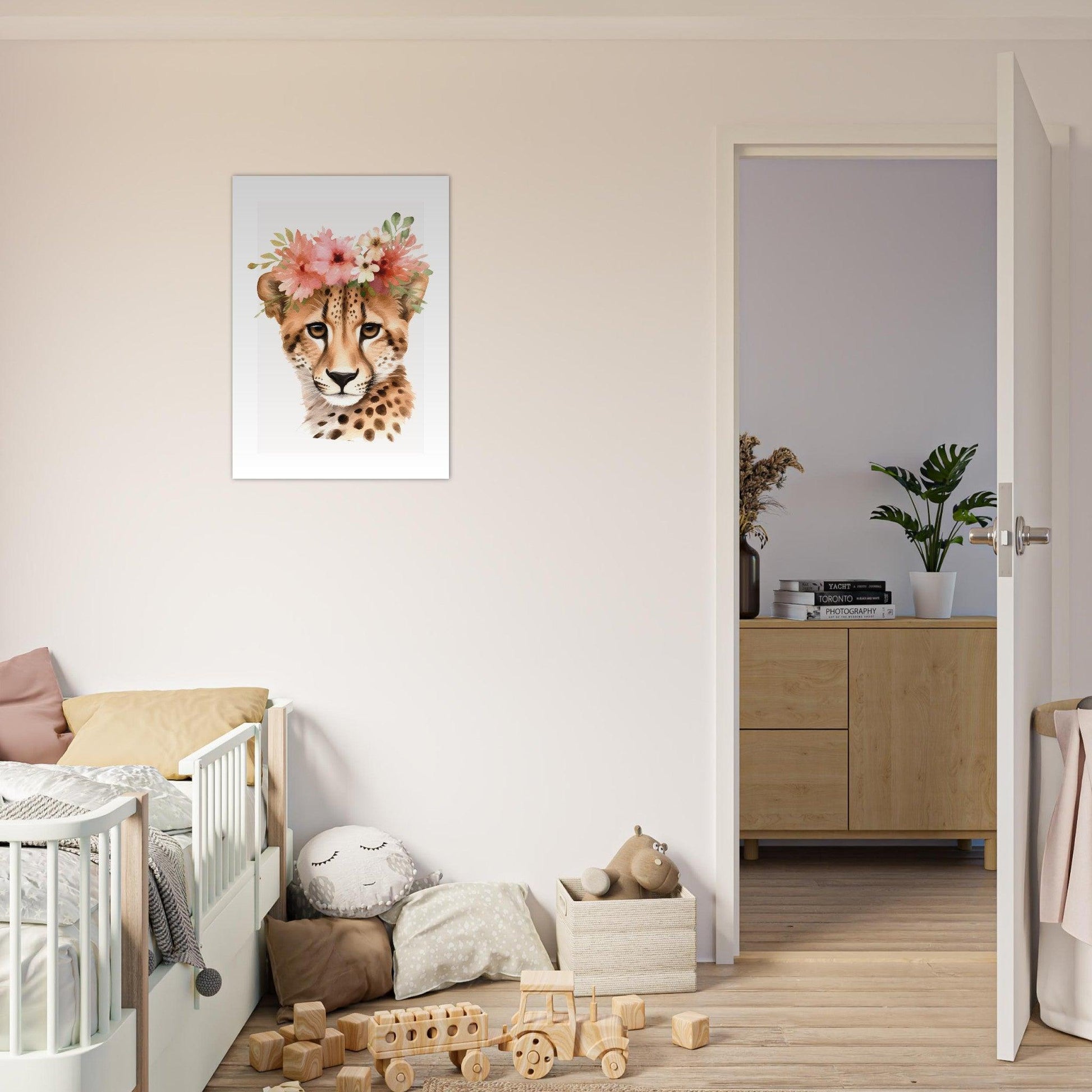 Affiche GUEPARD avec couronne de fleurs décoration chambre enfant bébé