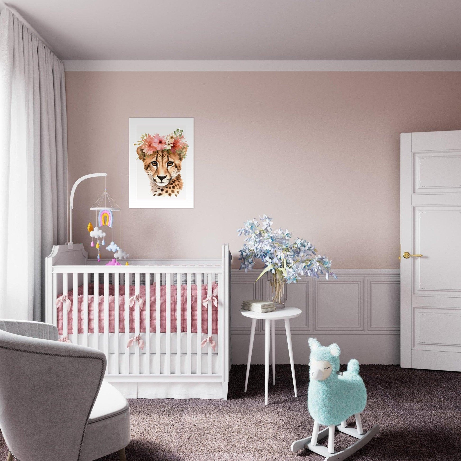 Affiche GUEPARD avec couronne de fleurs décoration chambre enfant bébé