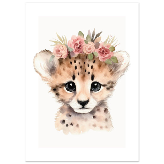 Affiche GUÉPARD avec couronne de fleurs décoration chambre enfant bébé