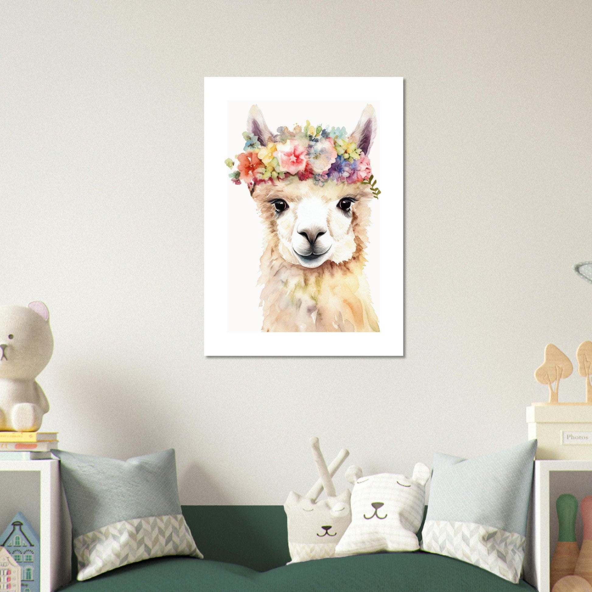 Affiche LAMA avec couronne de fleurs décoration chambre enfant bébé