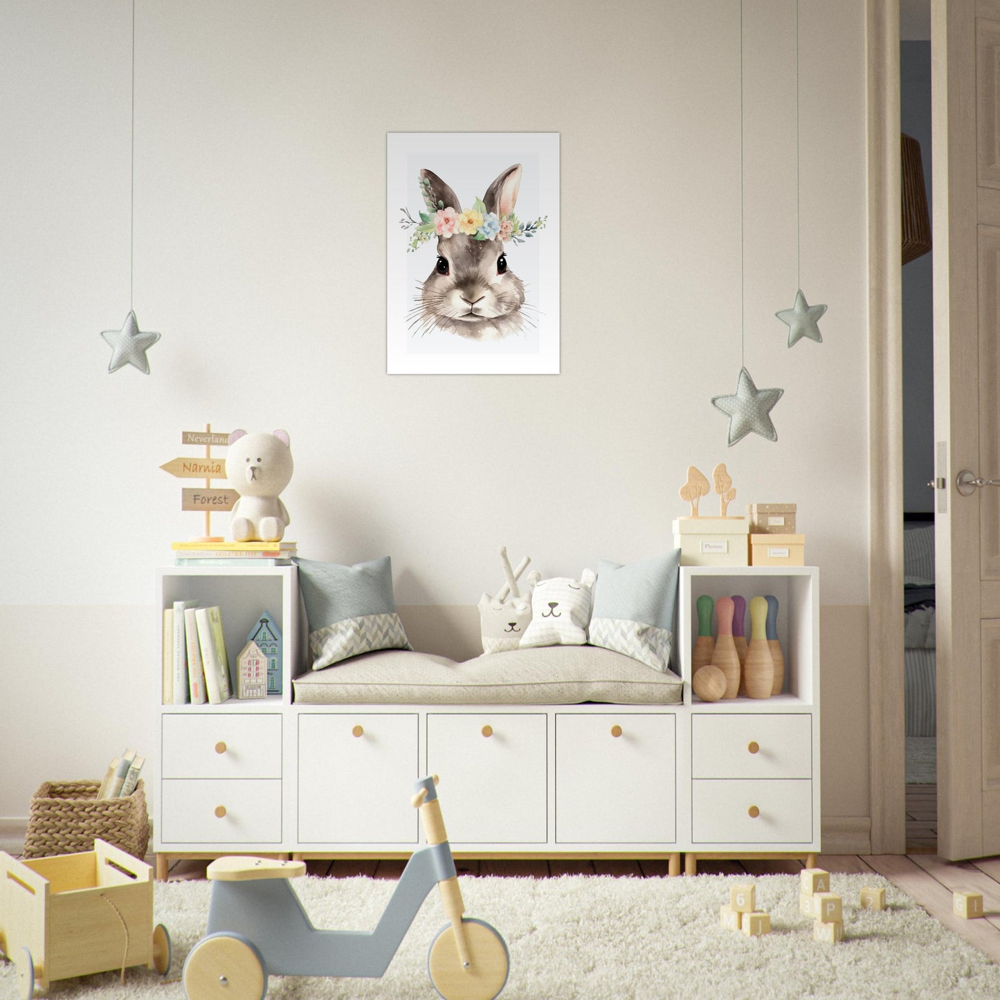 Affiche LAPIN avec couronne de fleurs décoration chambre enfant bébé