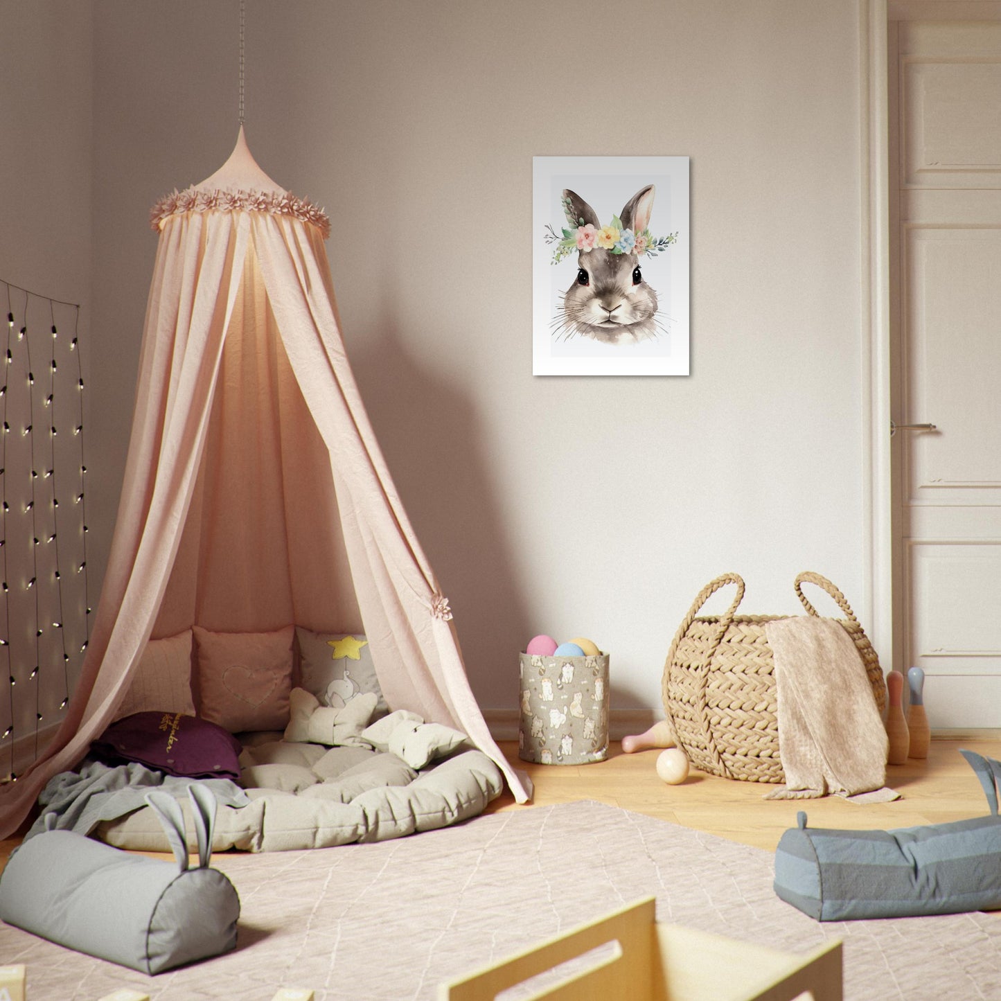 Affiche LAPIN avec couronne de fleurs décoration chambre enfant bébé