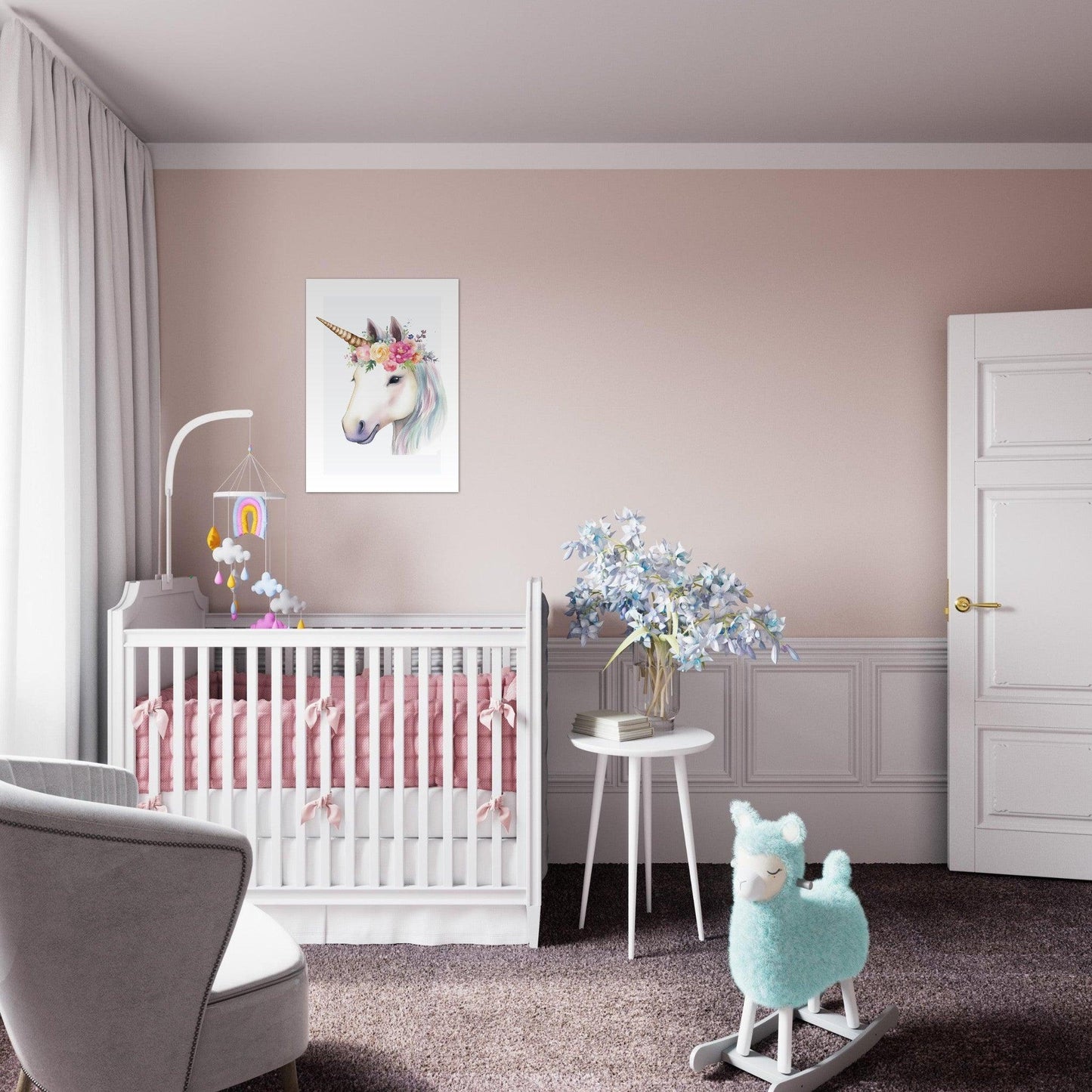 Affiche LICORNE avec couronne de fleurs décoration chambre enfant bébé
