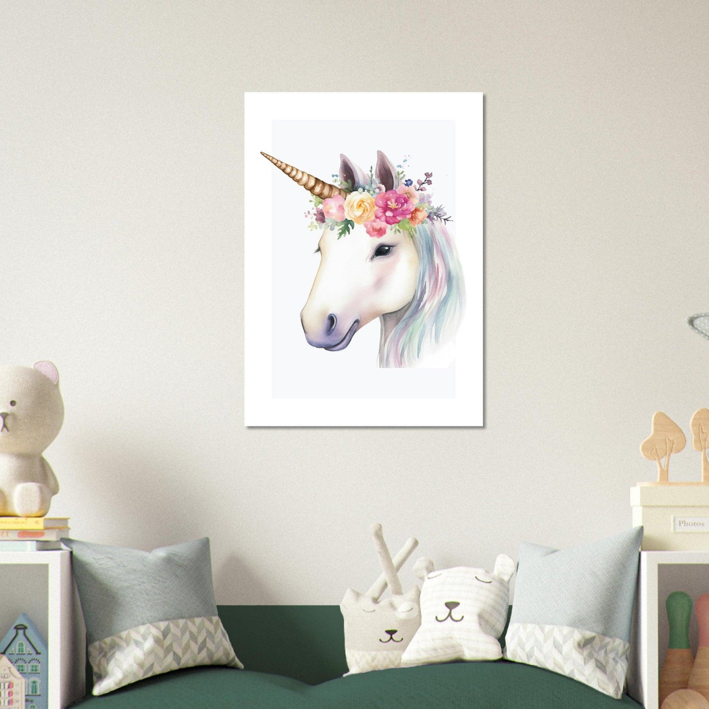 Affiche LICORNE avec couronne de fleurs décoration chambre enfant bébé