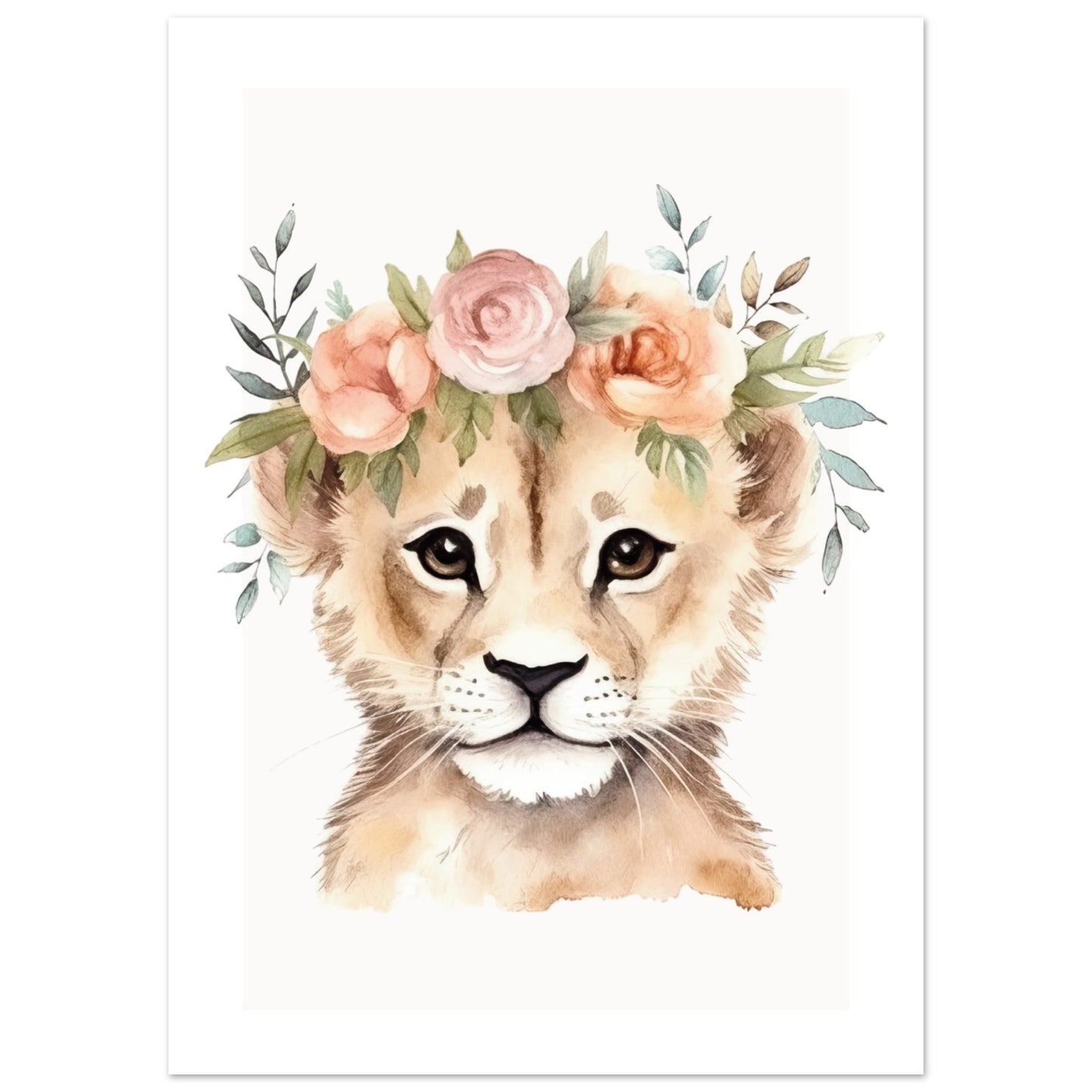 Affiche LION avec couronne de fleurs décoration chambre enfant bébé