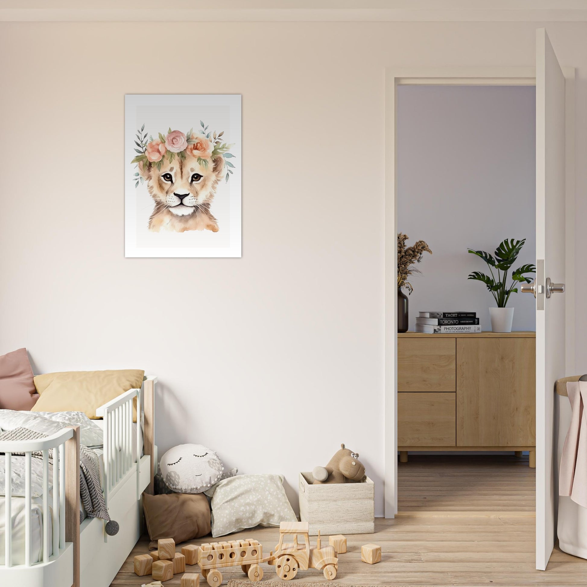 Affiche LION avec couronne de fleurs décoration chambre enfant bébé