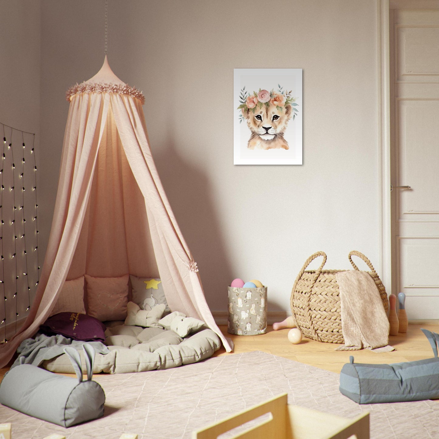 Affiche LION avec couronne de fleurs décoration chambre enfant bébé