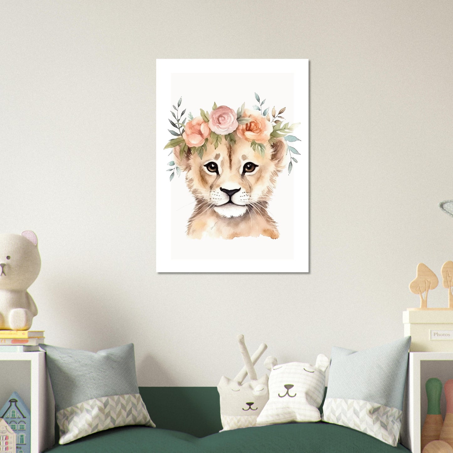 Affiche LION avec couronne de fleurs décoration chambre enfant bébé