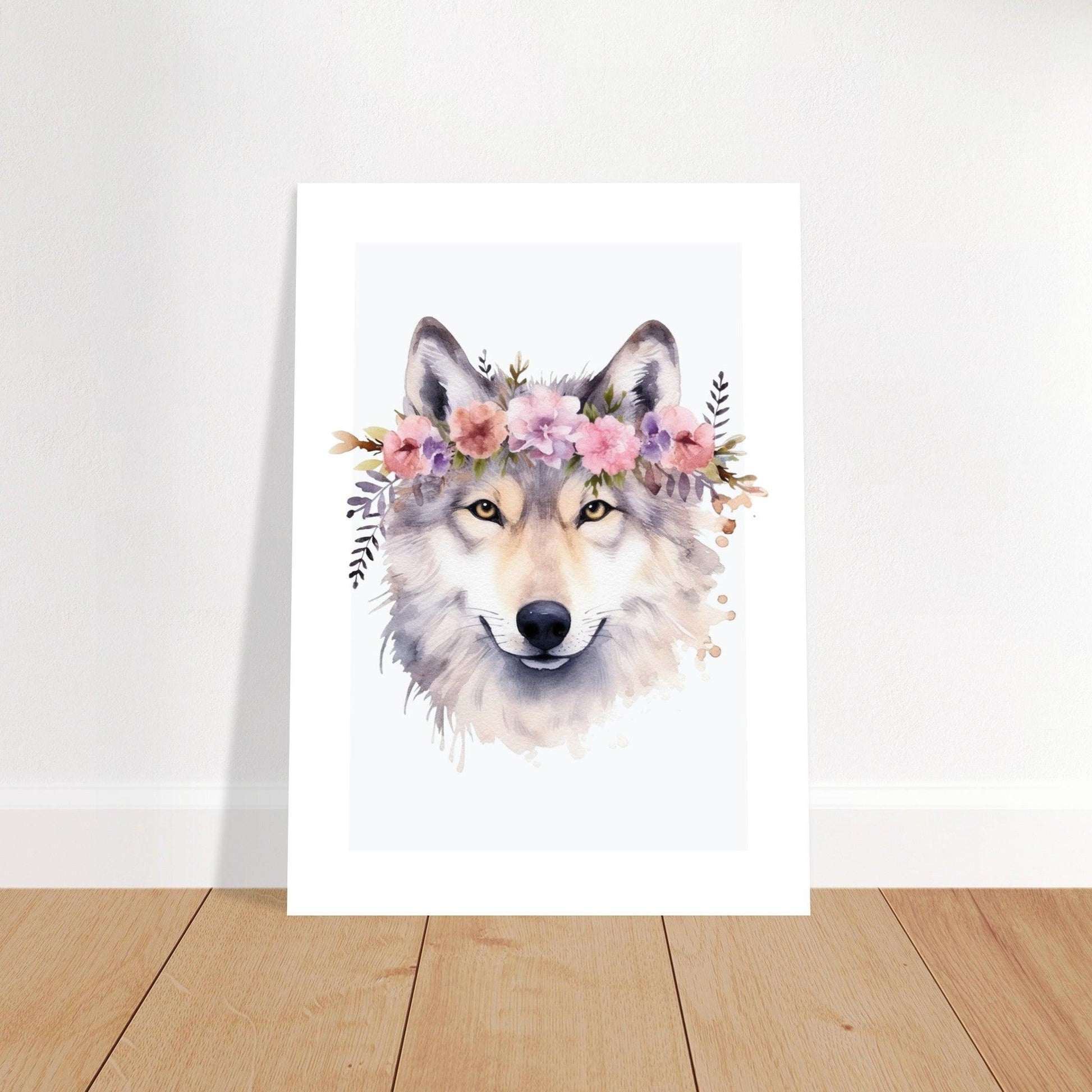 Affiche LOUP avec couronne de fleurs décoration chambre enfant bébé