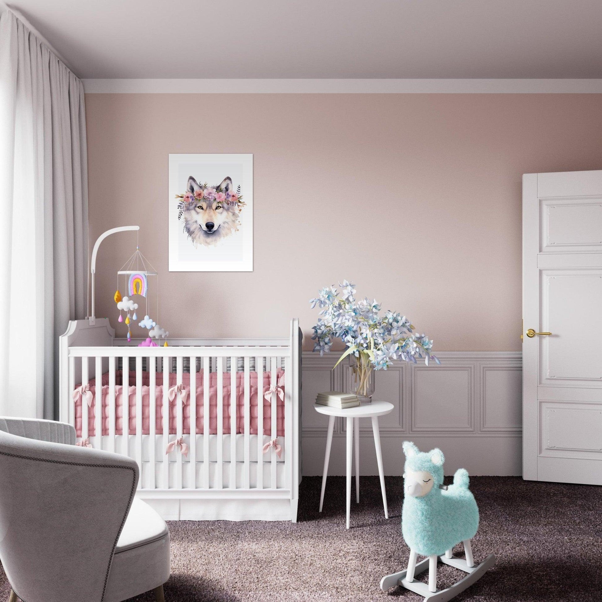 Affiche LOUP avec couronne de fleurs décoration chambre enfant bébé