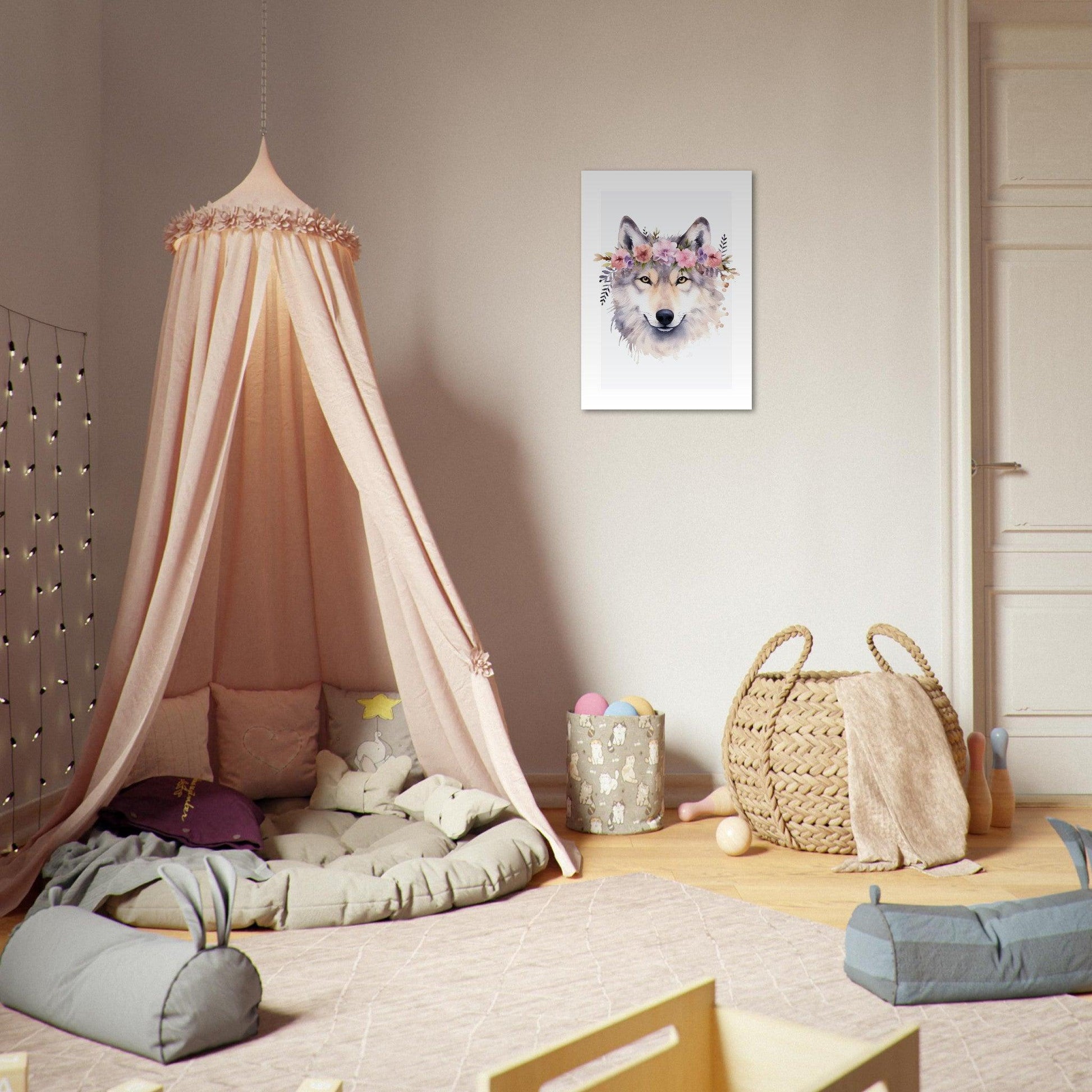 Affiche LOUP avec couronne de fleurs décoration chambre enfant bébé