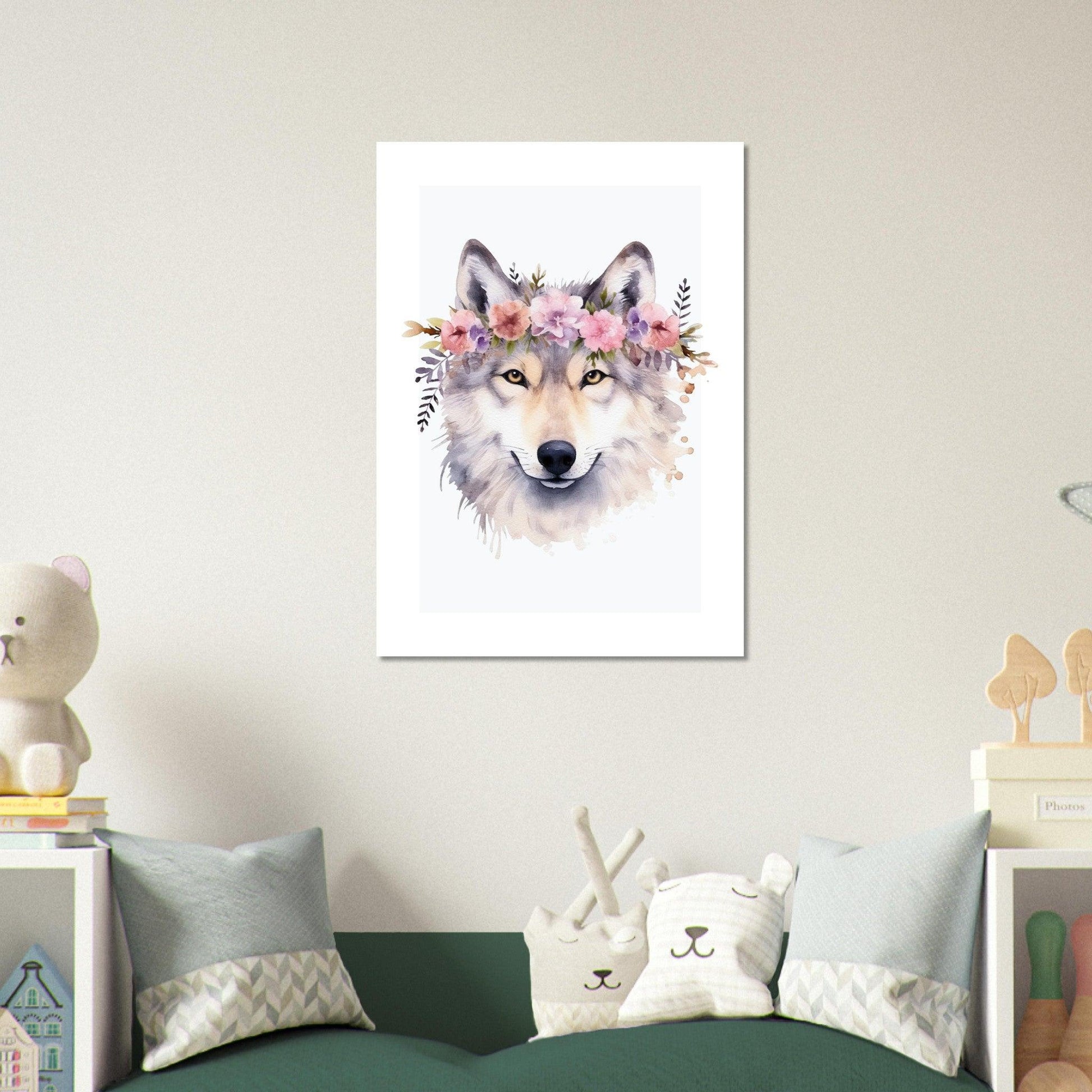 Affiche LOUP avec couronne de fleurs décoration chambre enfant bébé