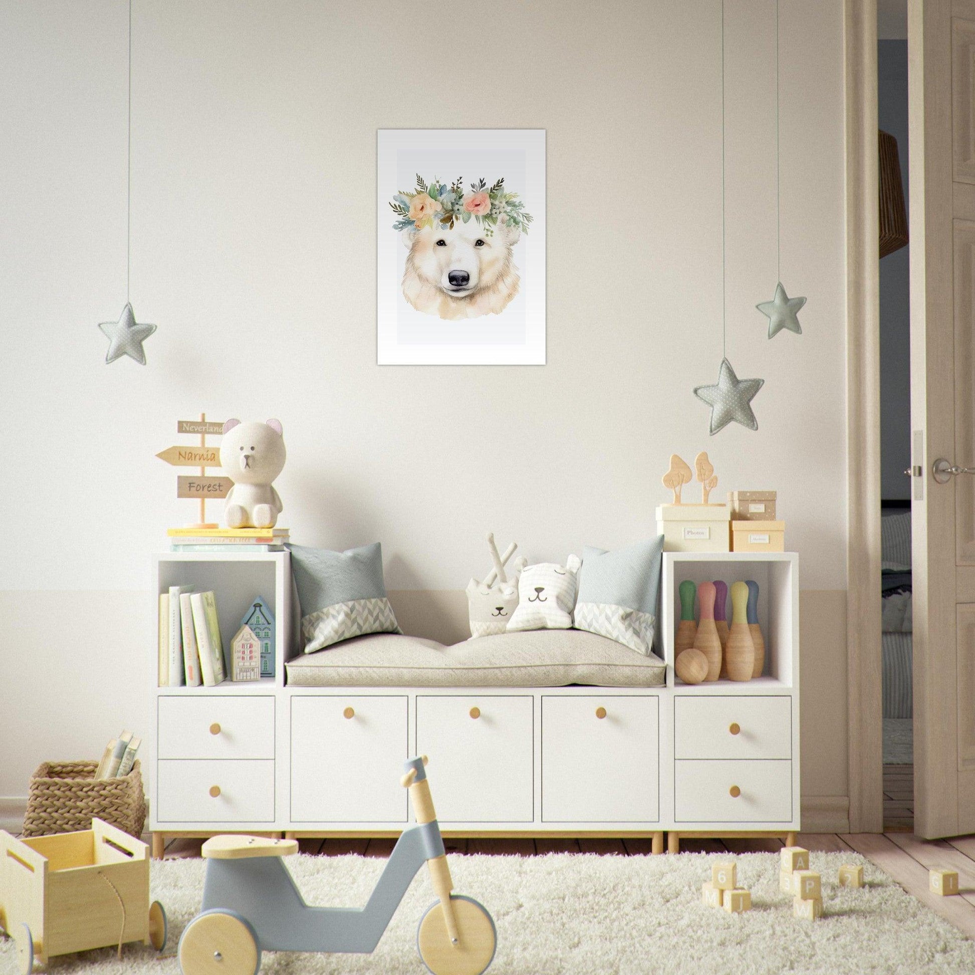 Affiche OURS avec couronne de fleurs décoration chambre enfant bébé