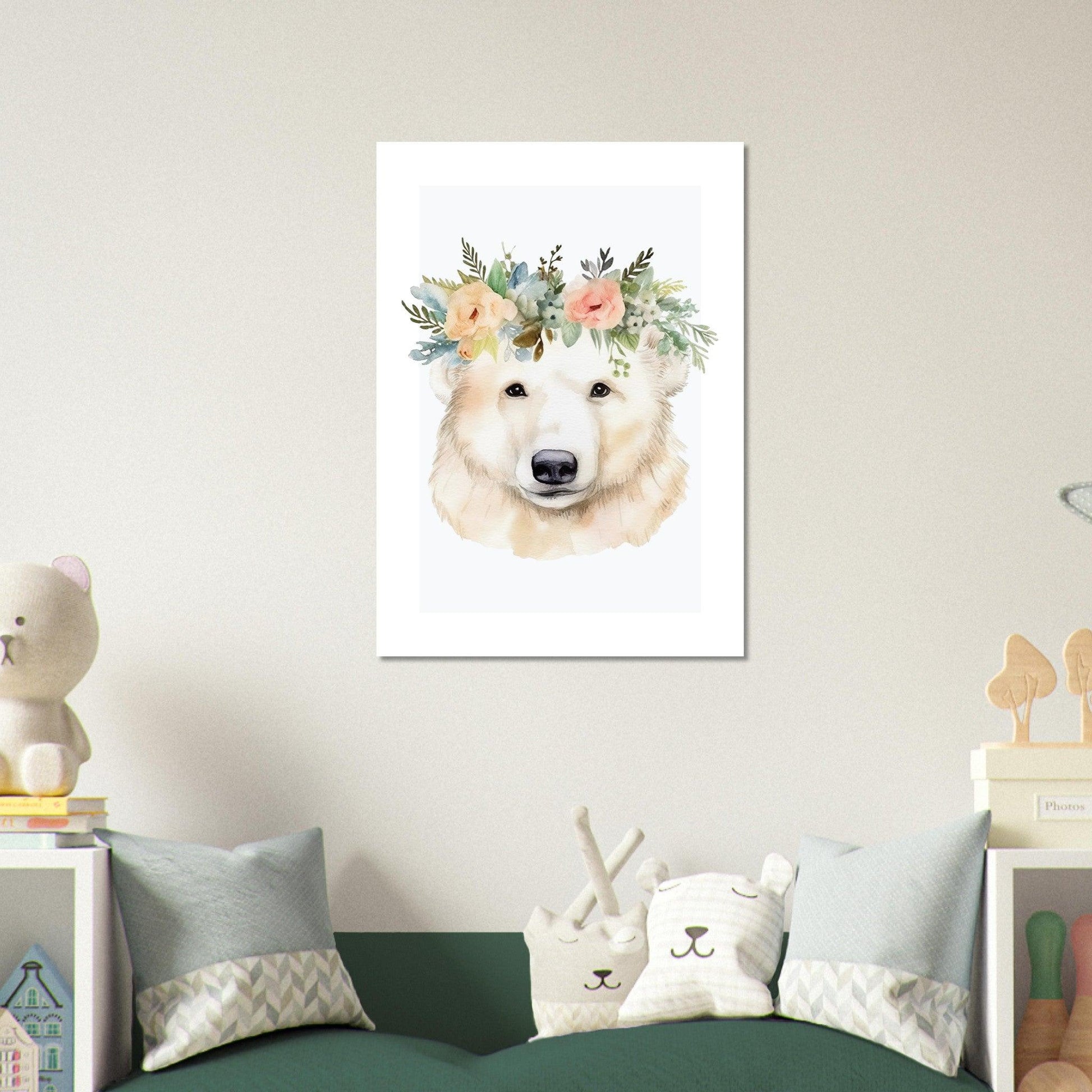 Affiche OURS avec couronne de fleurs décoration chambre enfant bébé