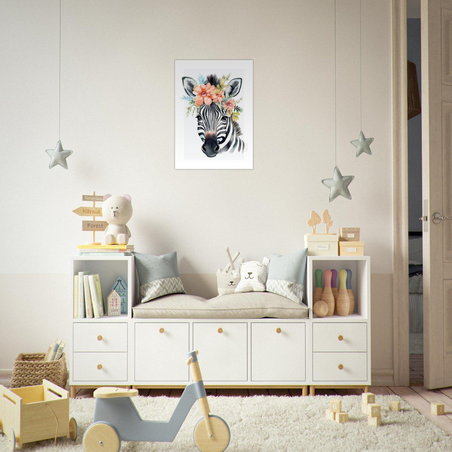 Affiche ZÈBRE avec couronne de fleurs décoration chambre enfant bébé