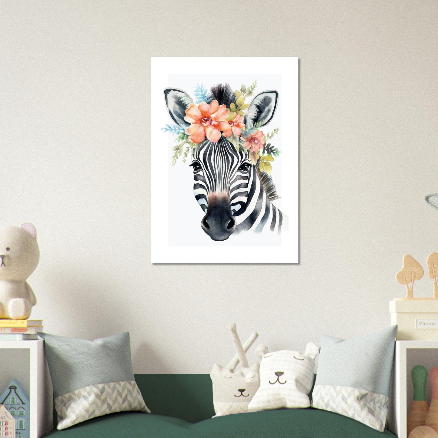Affiche ZÈBRE avec couronne de fleurs décoration chambre enfant bébé