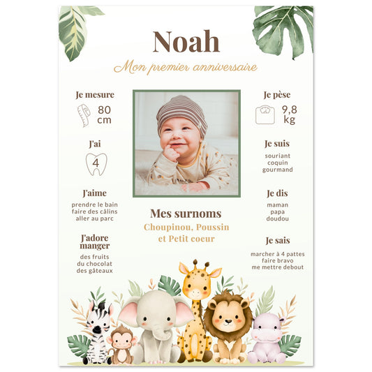 Affiche anniversaire personnalisée JUNGLE safari animaux