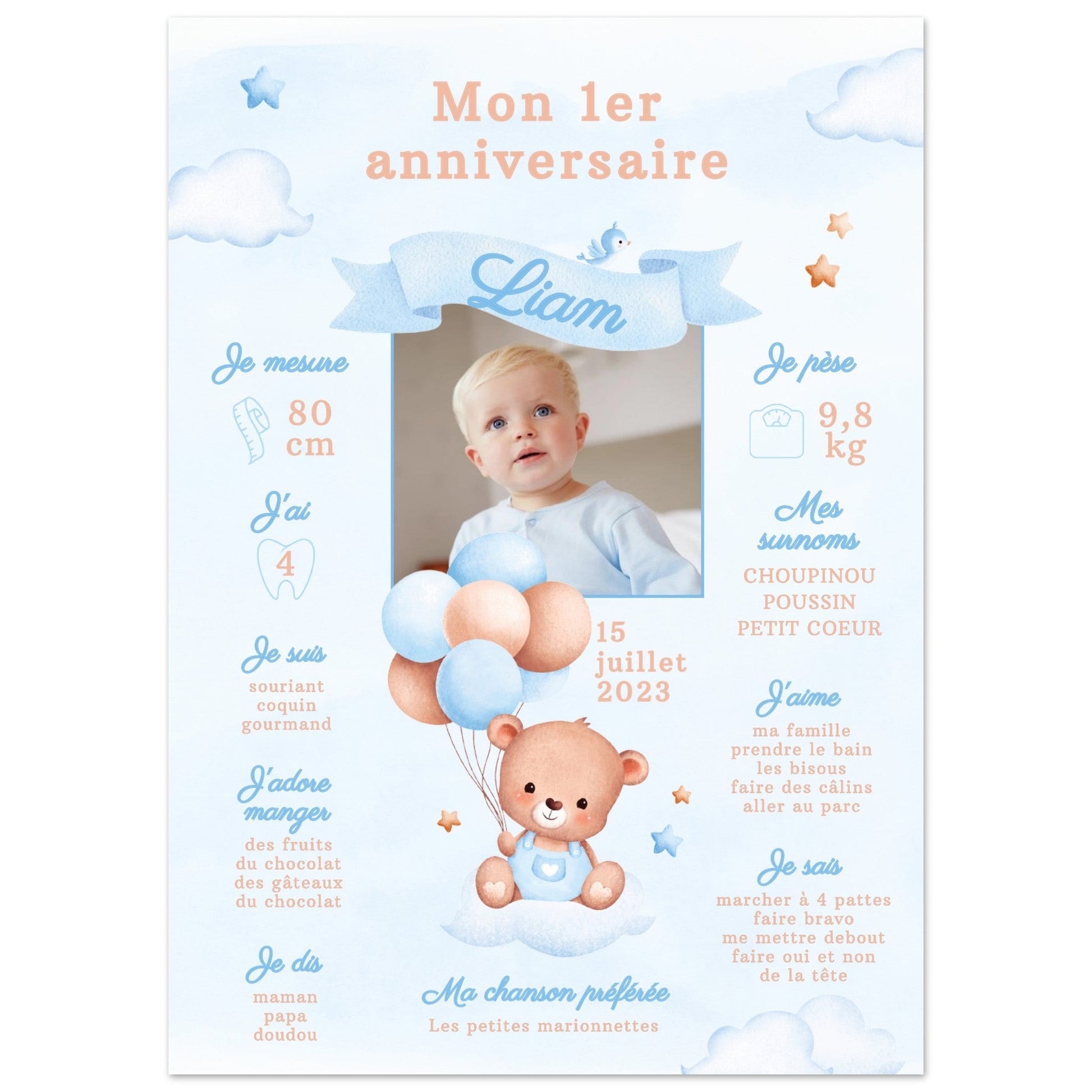 Affiche anniversaire personnalisée OURSON BLEU