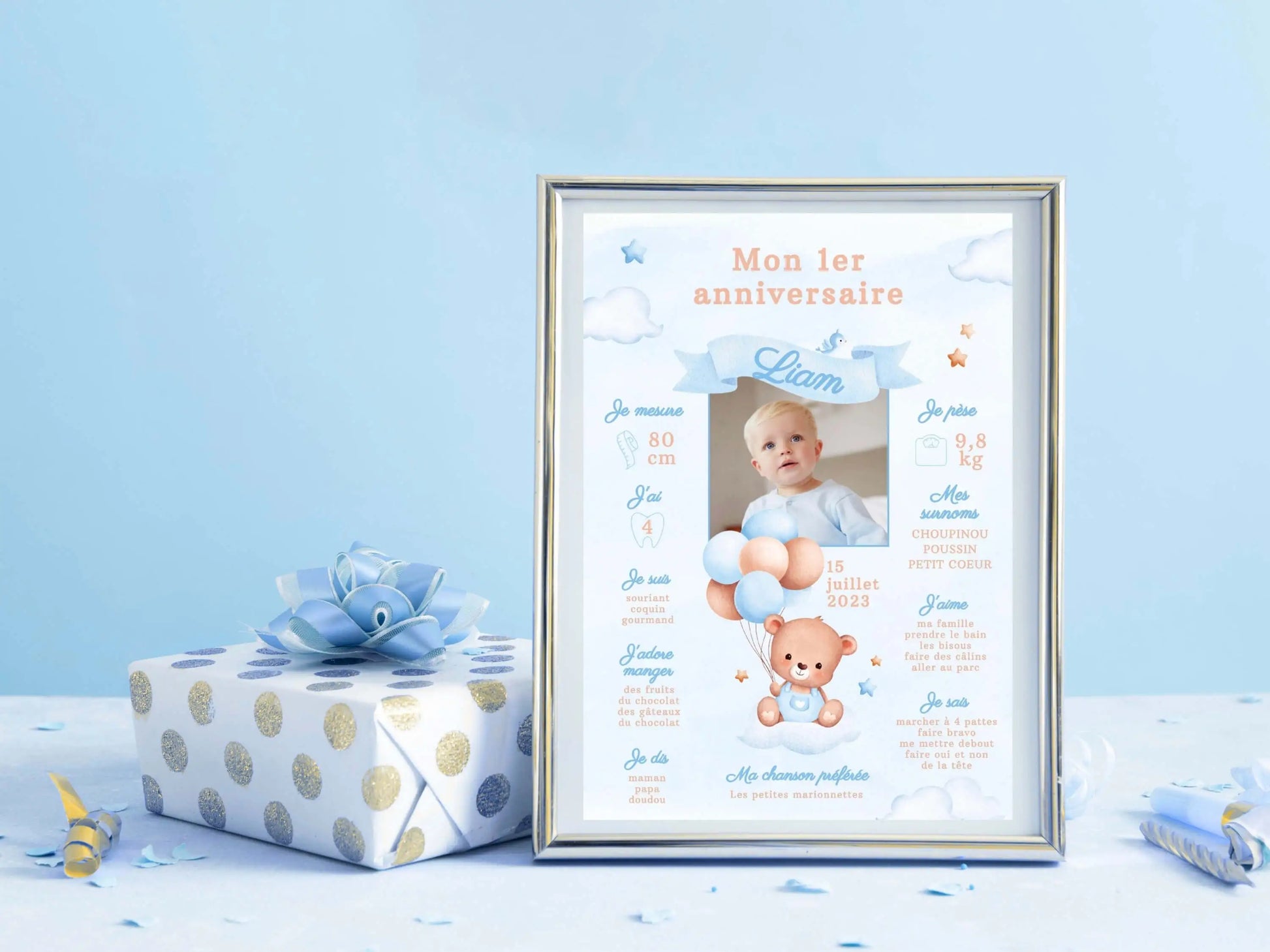 Affiche anniversaire 1 an personnalisée OURSON BLEU bébé