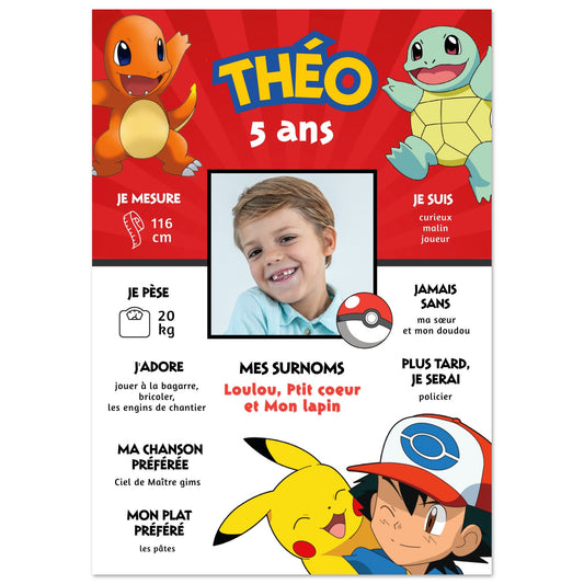 Affiche anniversaire Pokémon personnalisée avec photo de l’enfant, Pikachu, Salamèche et Carapuce sur fond rouge, décoration anniversaire garçon Papettelie.