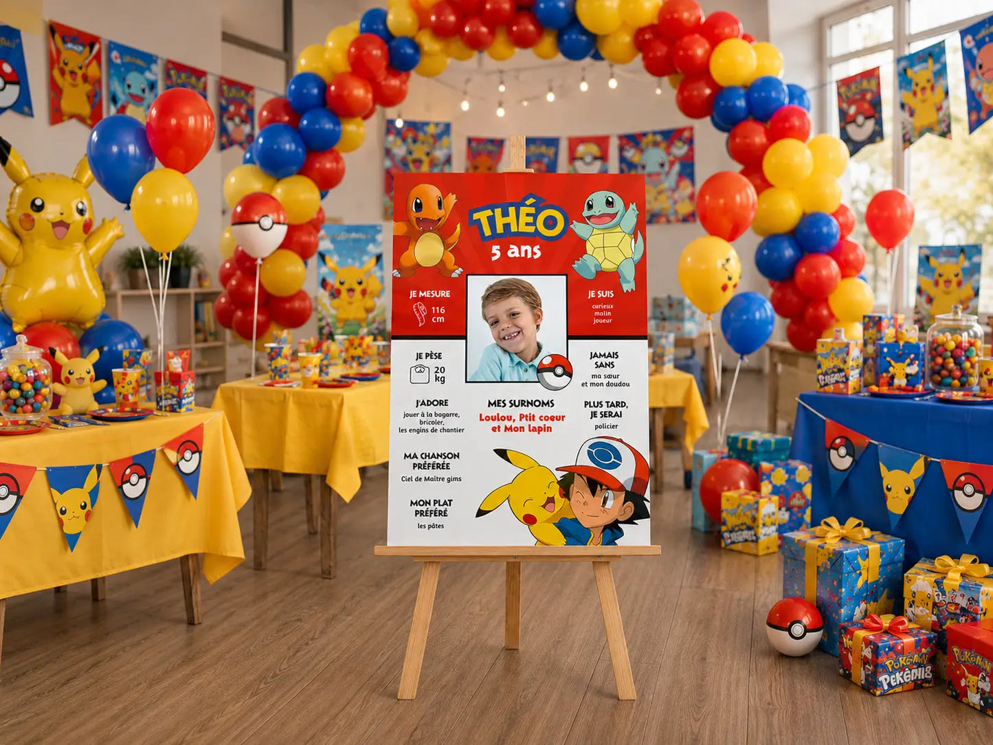 Affiche anniversaire Pokémon personnalisée sur chevalet au cœur d’une décoration d’anniversaire avec Pikachu, Salamèche et Carapuce, ballons rouges, jaunes et bleus.