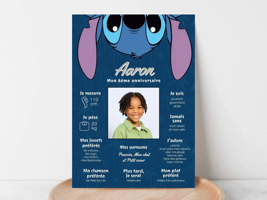Affiche anniversaire personnalisée STITCH bleue