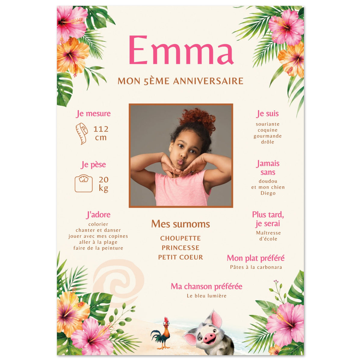 Affiche anniversaire Vaiana personnalisée avec photo et souvenirs de l’enfant