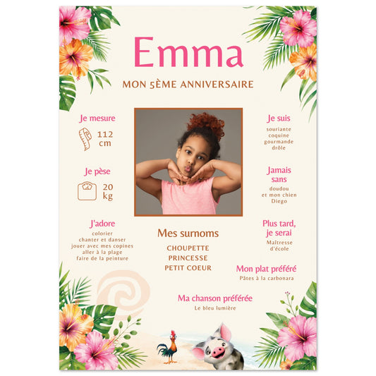 Affiche anniversaire Vaiana personnalisée avec photo et souvenirs de l’enfant