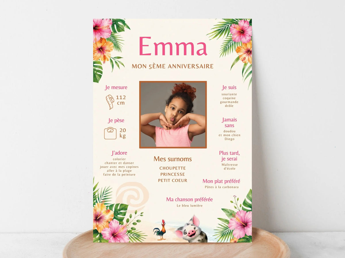 Affiche anniversaire Vaiana tropicale personnalisée avec photo et prénom