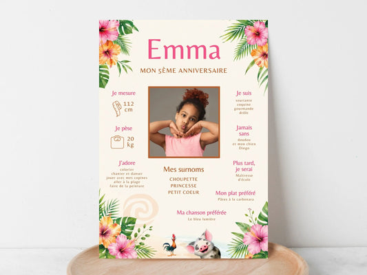 Affiche anniversaire Vaiana tropicale personnalisée avec photo et prénom