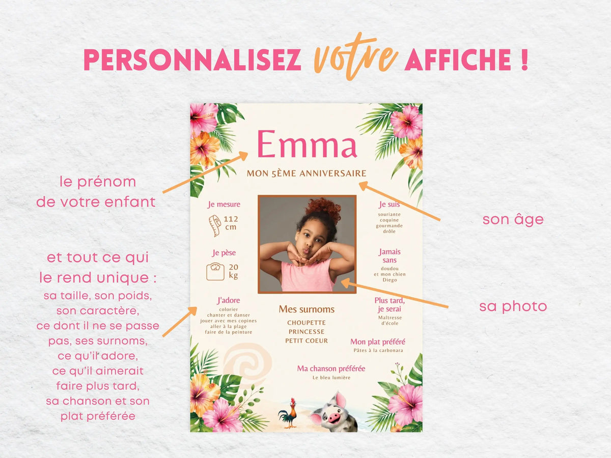 Affiche anniversaire enfant Vaiana personnalisable avec photo, âge et informations