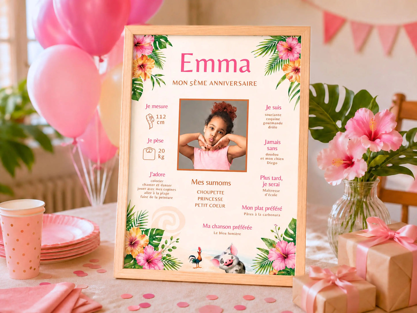 Décoration anniversaire Vaiana avec affiche personnalisée tropicale et photo enfant