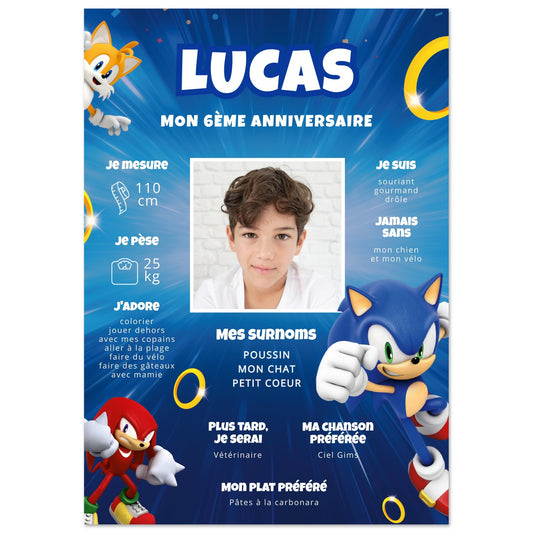 Affiche anniversaire personnalisée Sonic, Tails et Knuckles avec photo et prénom enfant pour décoration anniversaire garçon thème Sonic