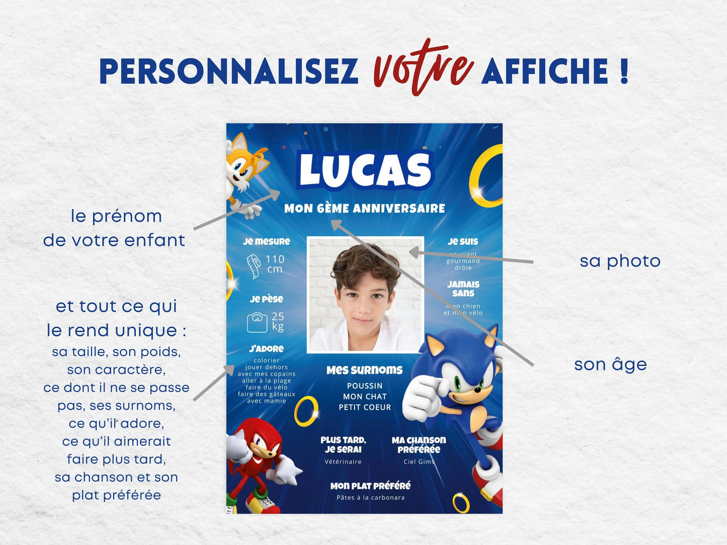 Affiche anniversaire personnalisée Sonic avec prénom photo âge et informations enfant à personnaliser directement en ligne