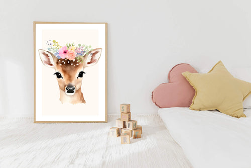 Affiche biche couronne de fleurs décoration chambre enfant bébé