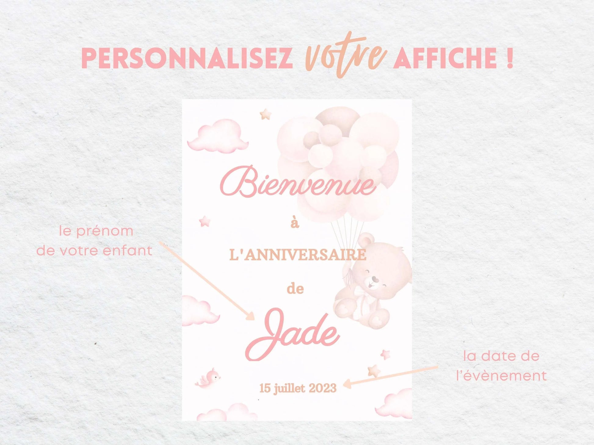Affiche bienvenue personnalisée OURSON ROSE