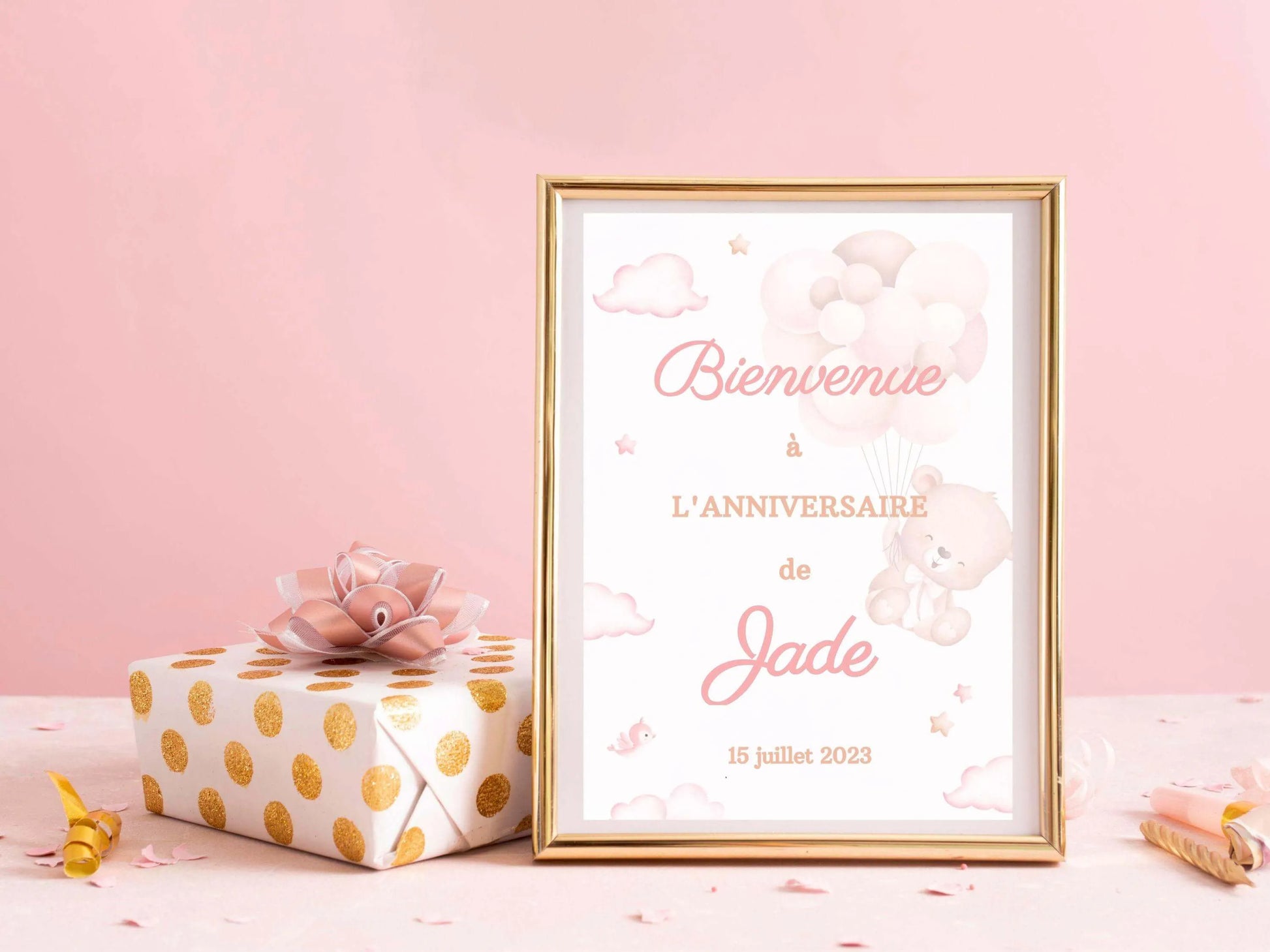Affiche bienvenue personnalisée OURSON ROSE