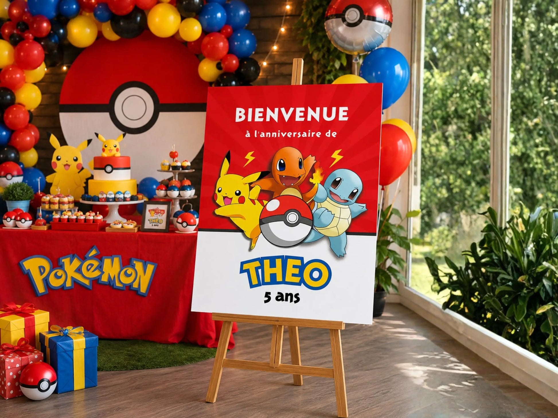Affiche de bienvenue Pokémon personnalisée installée sur un chevalet au cœur d’une décoration d’anniversaire Pokémon avec ballons et sweet table.