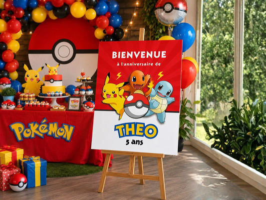 Affiche de bienvenue Pokémon personnalisée installée sur un chevalet au cœur d’une décoration d’anniversaire Pokémon avec ballons et sweet table.
