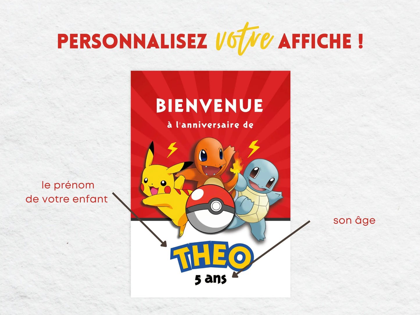 Affiche de bienvenue Pokémon personnalisable avec prénom et âge de l’enfant pour une décoration d’anniversaire Pokémon unique.
