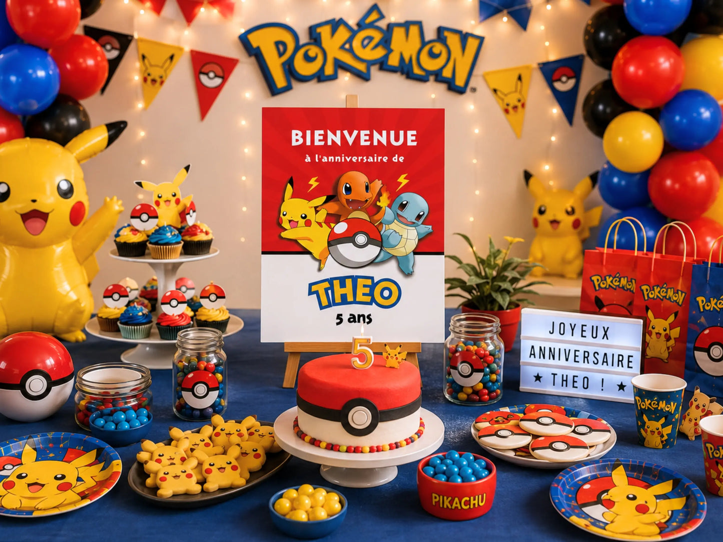 Affiche de bienvenue Pokémon personnalisée sur chevalet devant une décoration d’anniversaire Pokémon avec Pikachu, ballons, gâteau et sweet table festive.