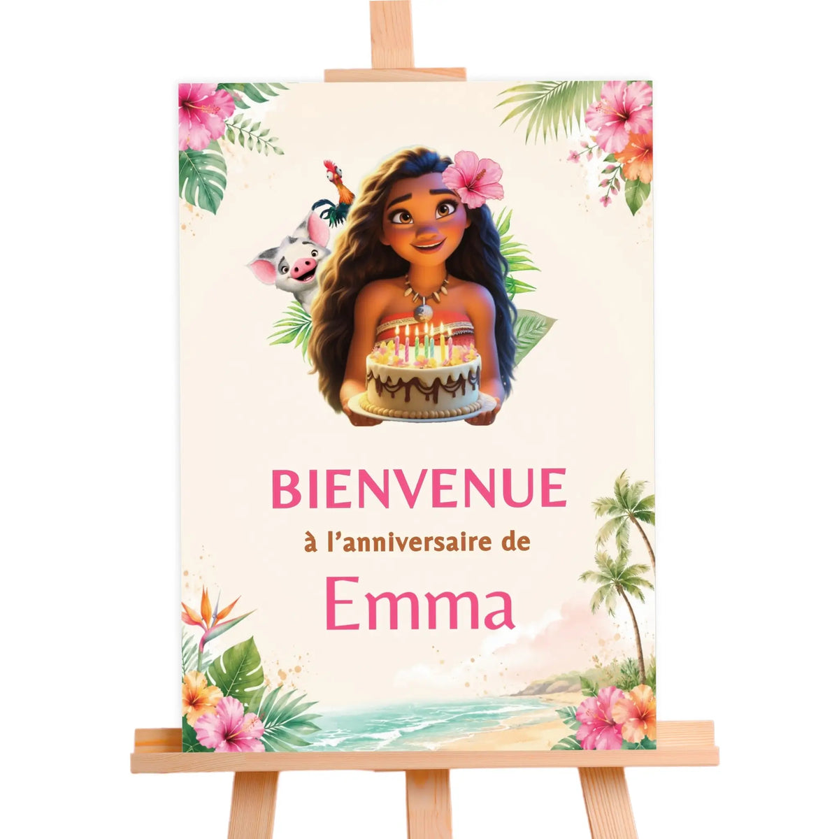Affiche bienvenue Vaiana personnalisée pour anniversaire tropical