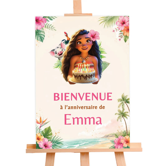 Affiche bienvenue Vaiana personnalisée pour anniversaire tropical