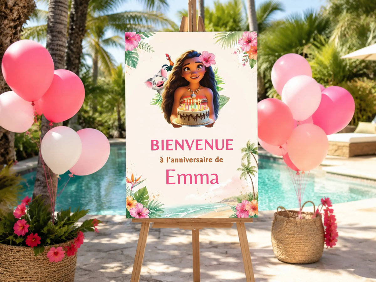 Affiche de bienvenue Vaiana personnalisée pour décoration anniversaire tropicale