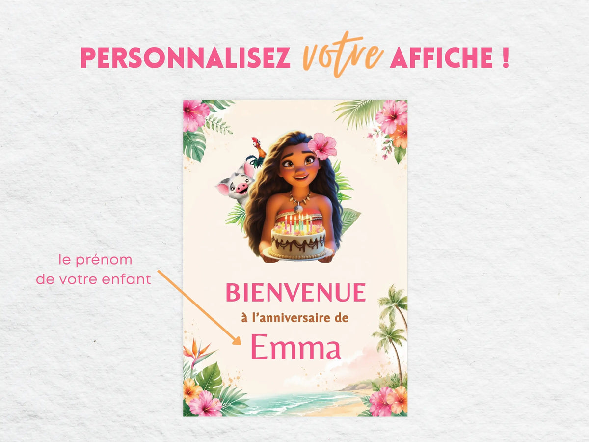 Affiche accueil anniversaire Vaiana personnalisable avec le prénom de l’enfant