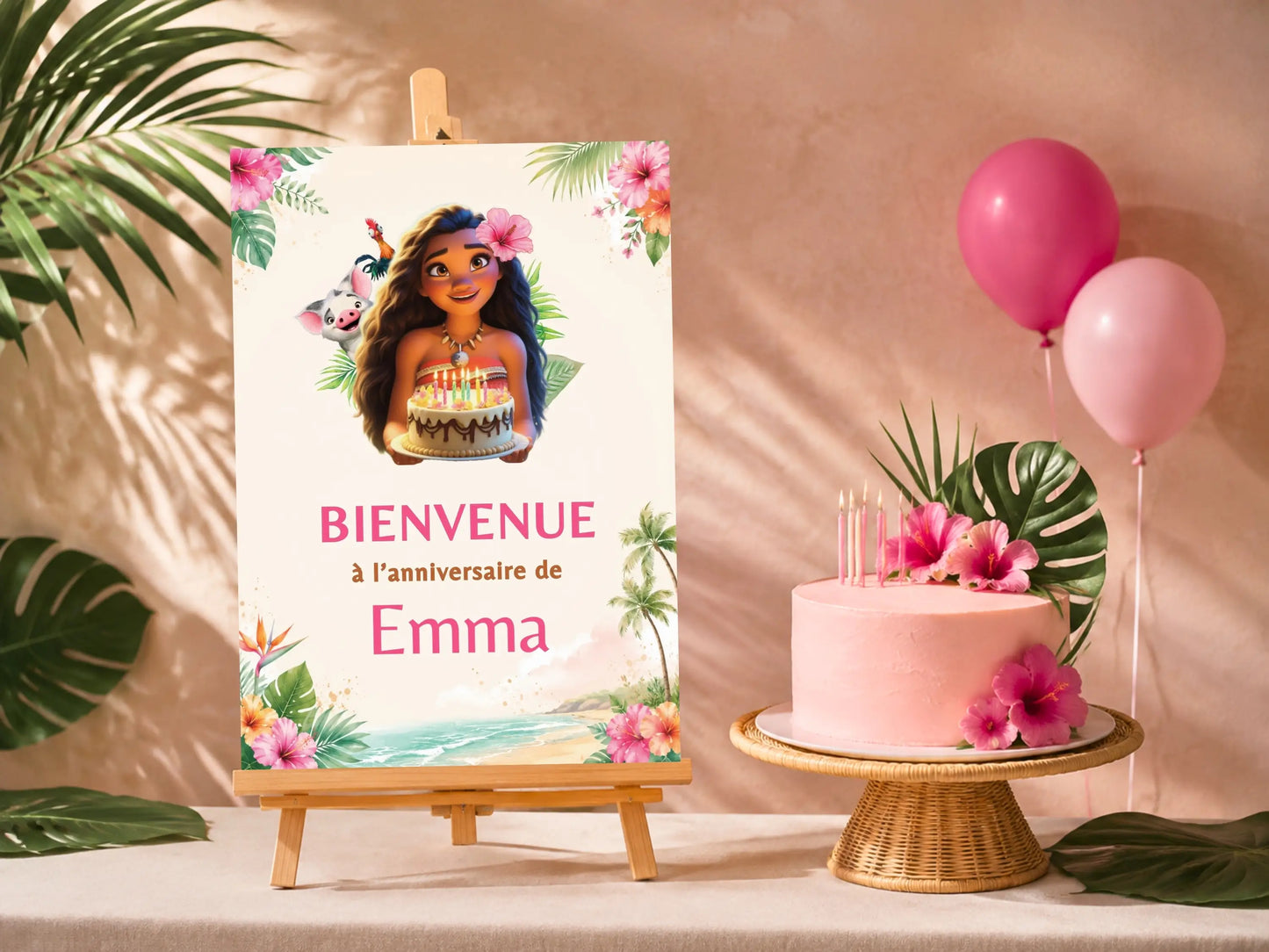 Décoration anniversaire Vaiana avec affiche de bienvenue personnalisée et gâteau tropical