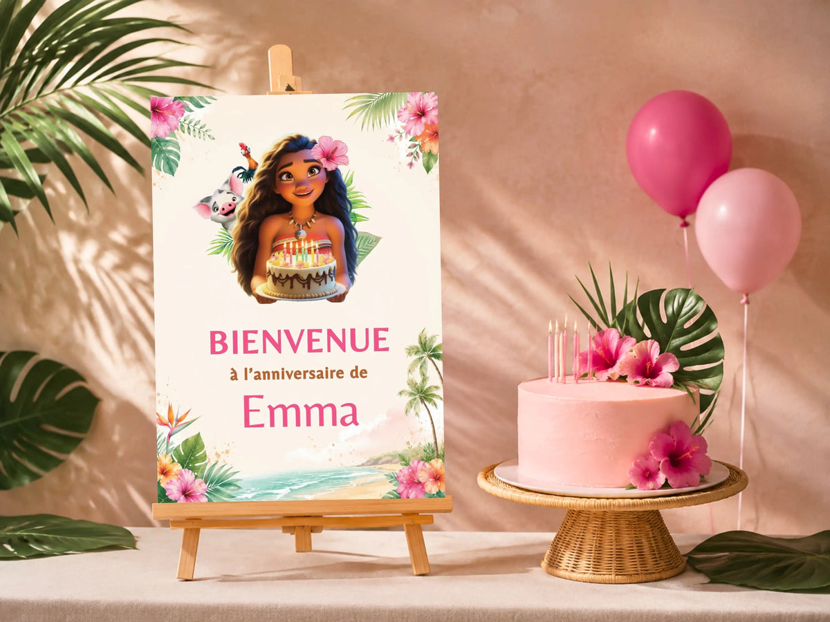 Décoration anniversaire Vaiana avec affiche de bienvenue personnalisée et gâteau tropical