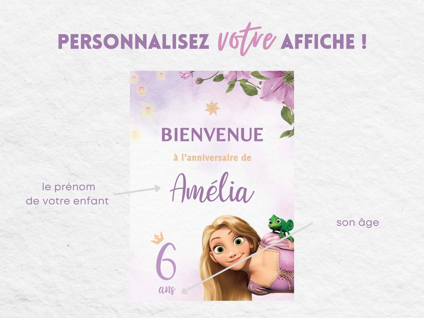 Affiche bienvenue personnalisée anniversaire PRINCESSE RAIPONCE