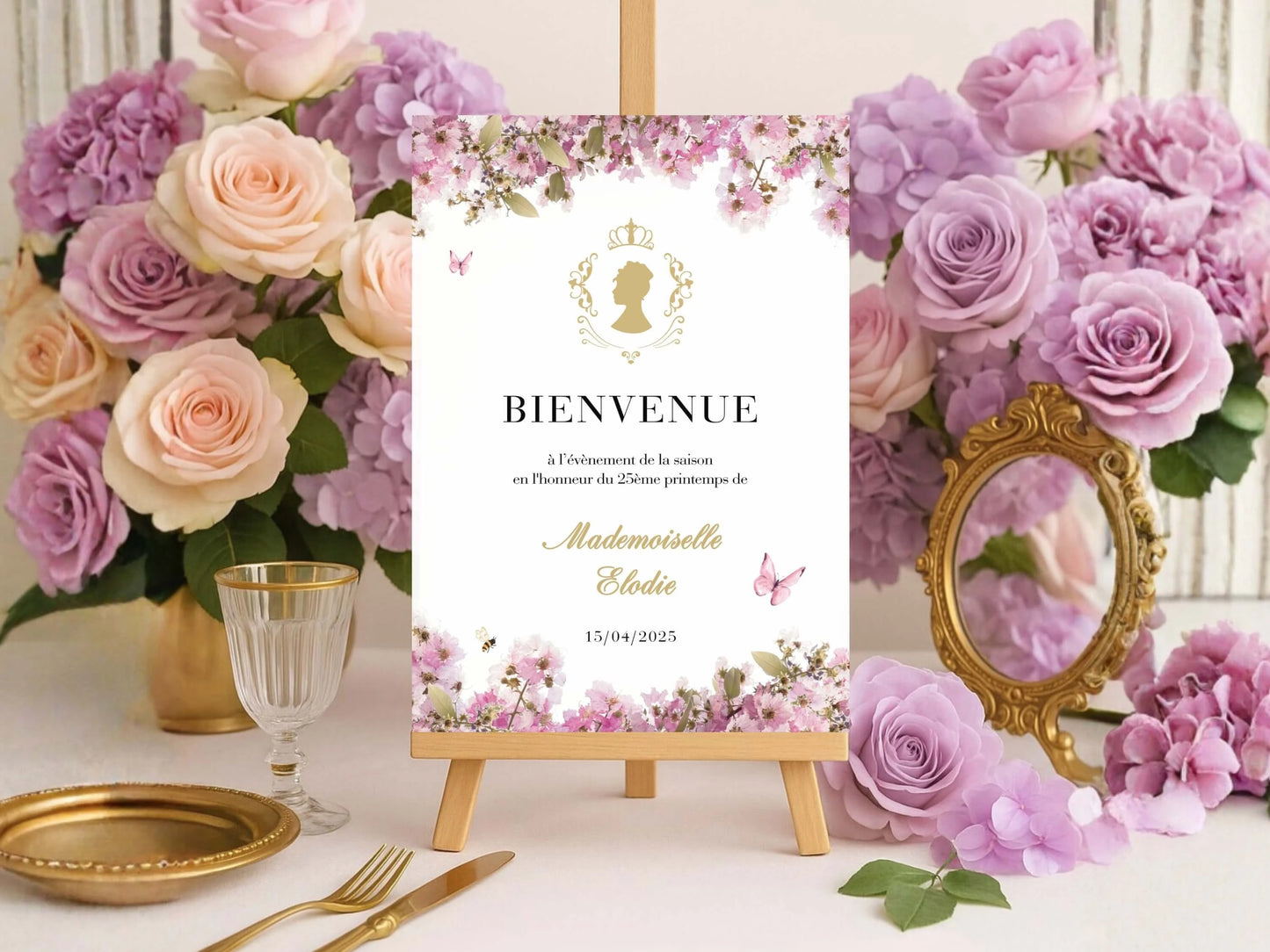 Affiche bienvenue personnalisée avec fleurs BRIDGERTON